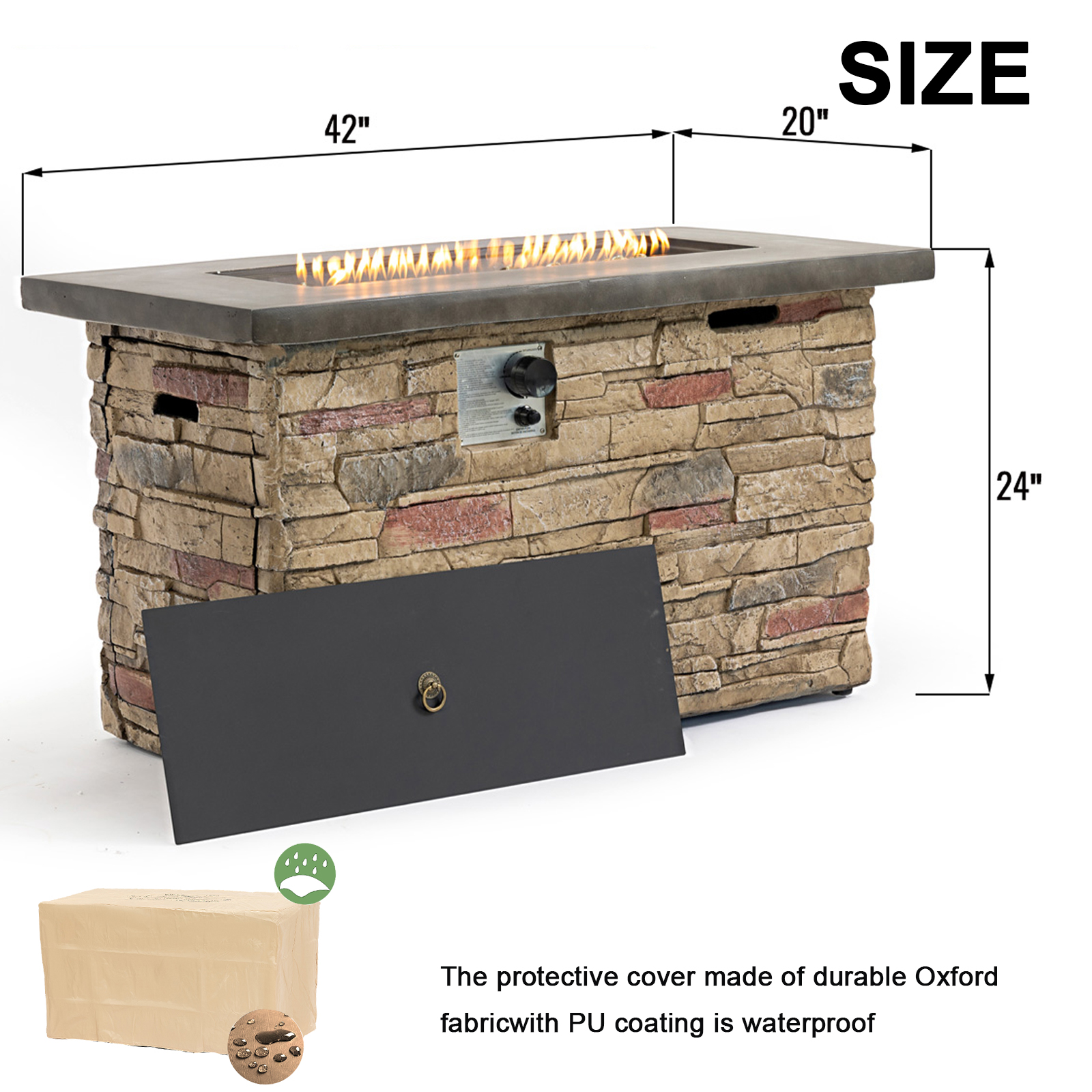 42" Propane Gas Fire Pit Table, 50000 BTU Rectangular Concrete Fire Pit for Outside Patio Deck Garden Backyard