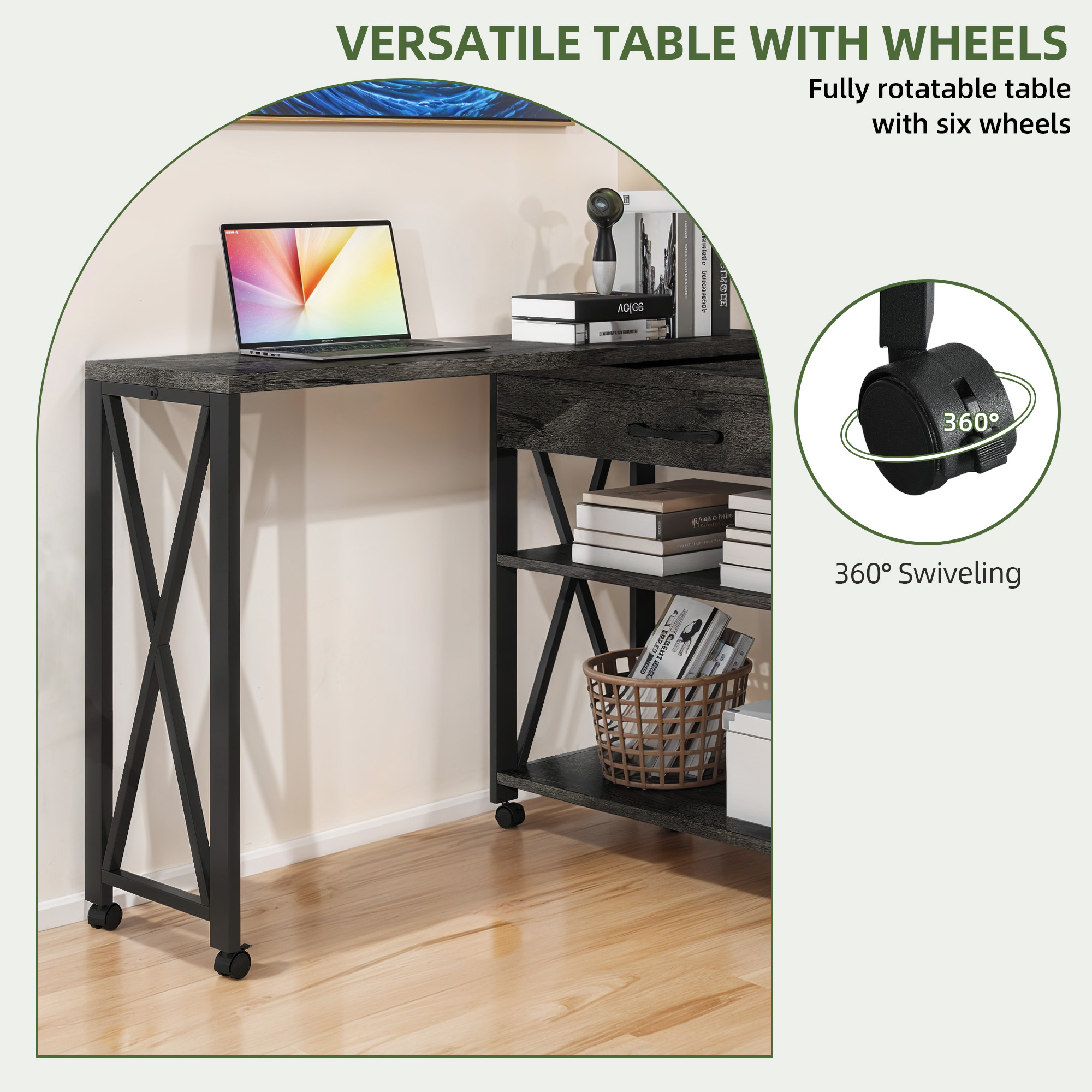 Uforic Rolling Computer Office Desk, Rotating Corner Writing Desk with Drawer and Shelves, Gray