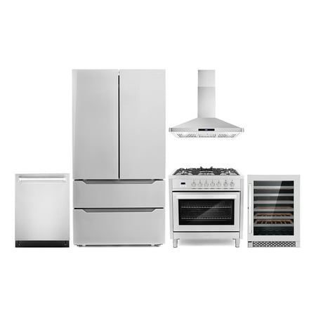 Cosmo 5 Piece Kitchen Appliance Packages with 36  220/240V Dual Fuel Range 36  Wall Mount Range Hood 24  Built-in Fully Integrated Dishwasher French Door Refrigerator & 48 Bottle Wine Refrigerator