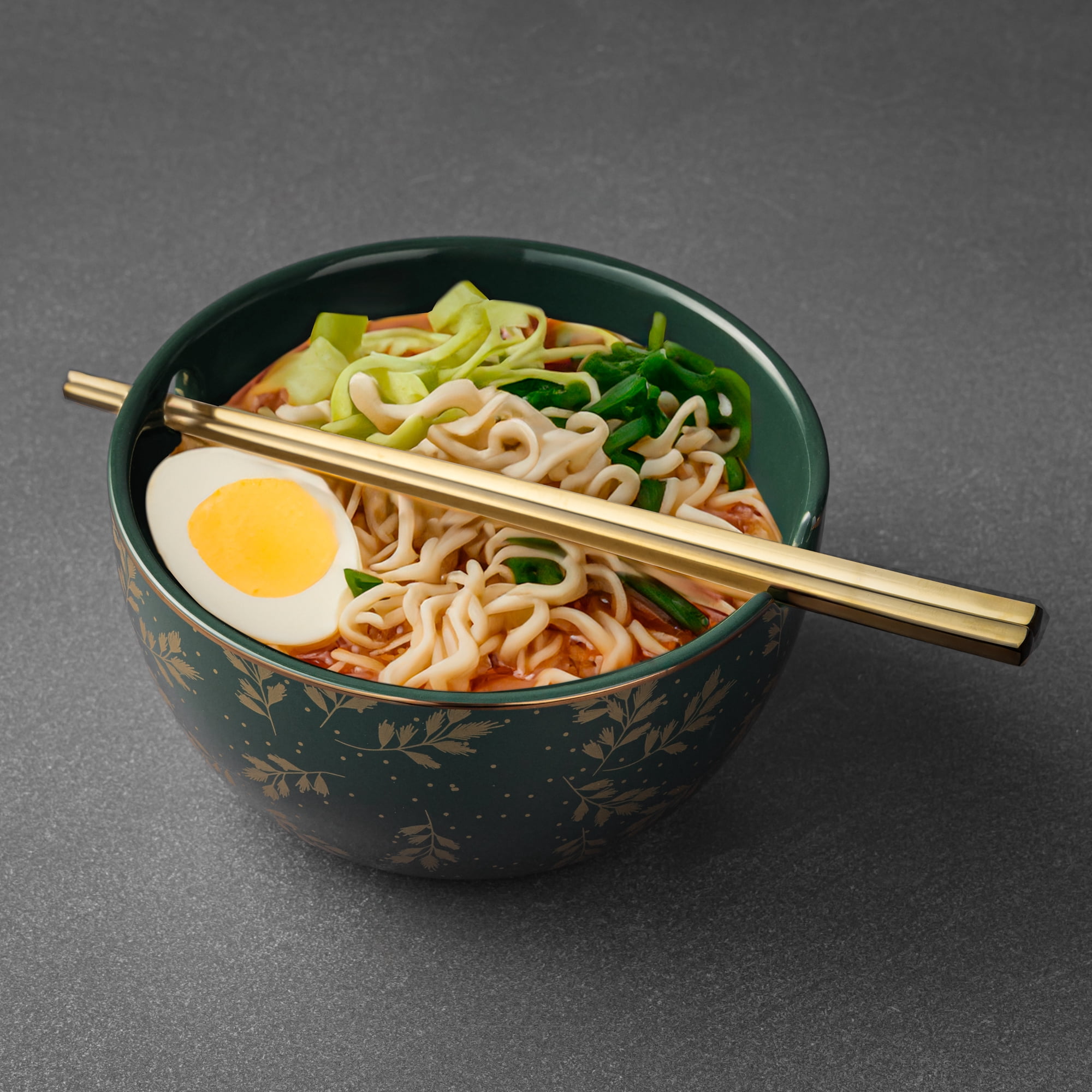 Thyme & Table Holiday Leaves 2-Pack of Ramen Bowls with Chopsticks - Green