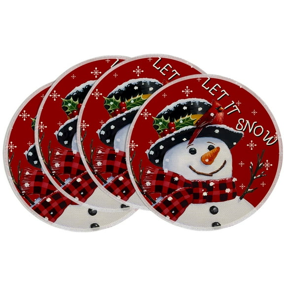 Red Snowman Winter Placemats Set of 4, 14 Inch Seasonal Christmas Xmas Round Table Mats for Dining Decoration