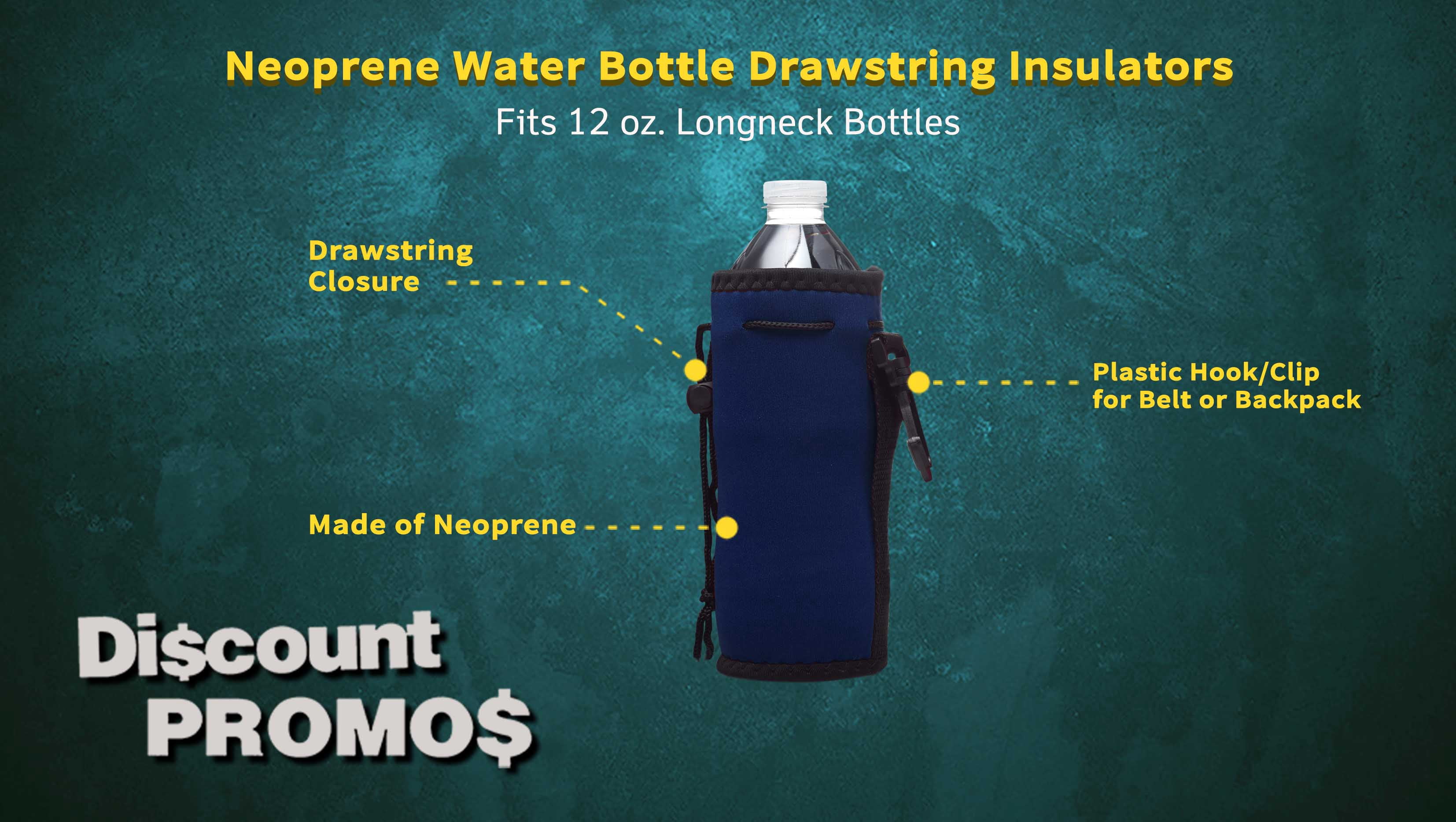 10 Neoprene Water Bottle Drawstring Insulators Pack - 12 oz. Longneck, Hook - Navy Blue