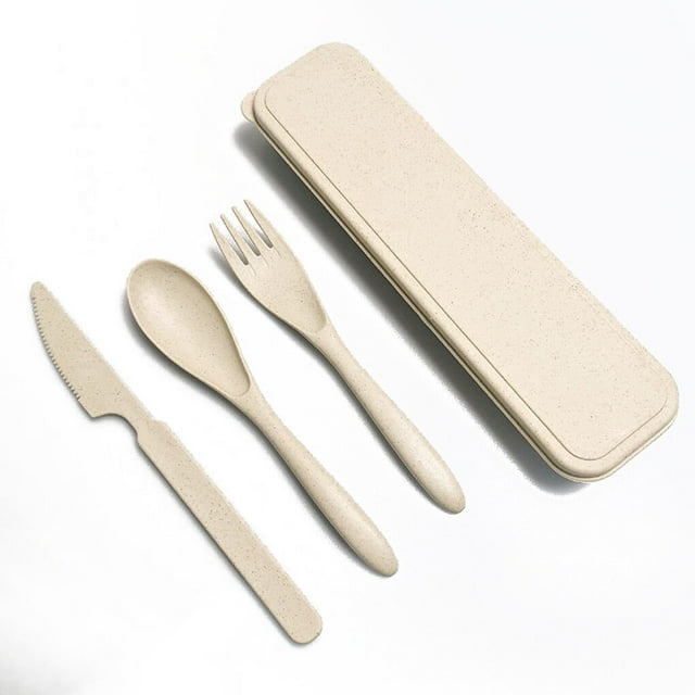 Ensemble de Vaisselle en Paille de Blé Portable Réutilisable Couleur Unie Kit de Couverts Intérieur Extérieur Maison Camping Vaisselle avec Étui de Rangement Beige