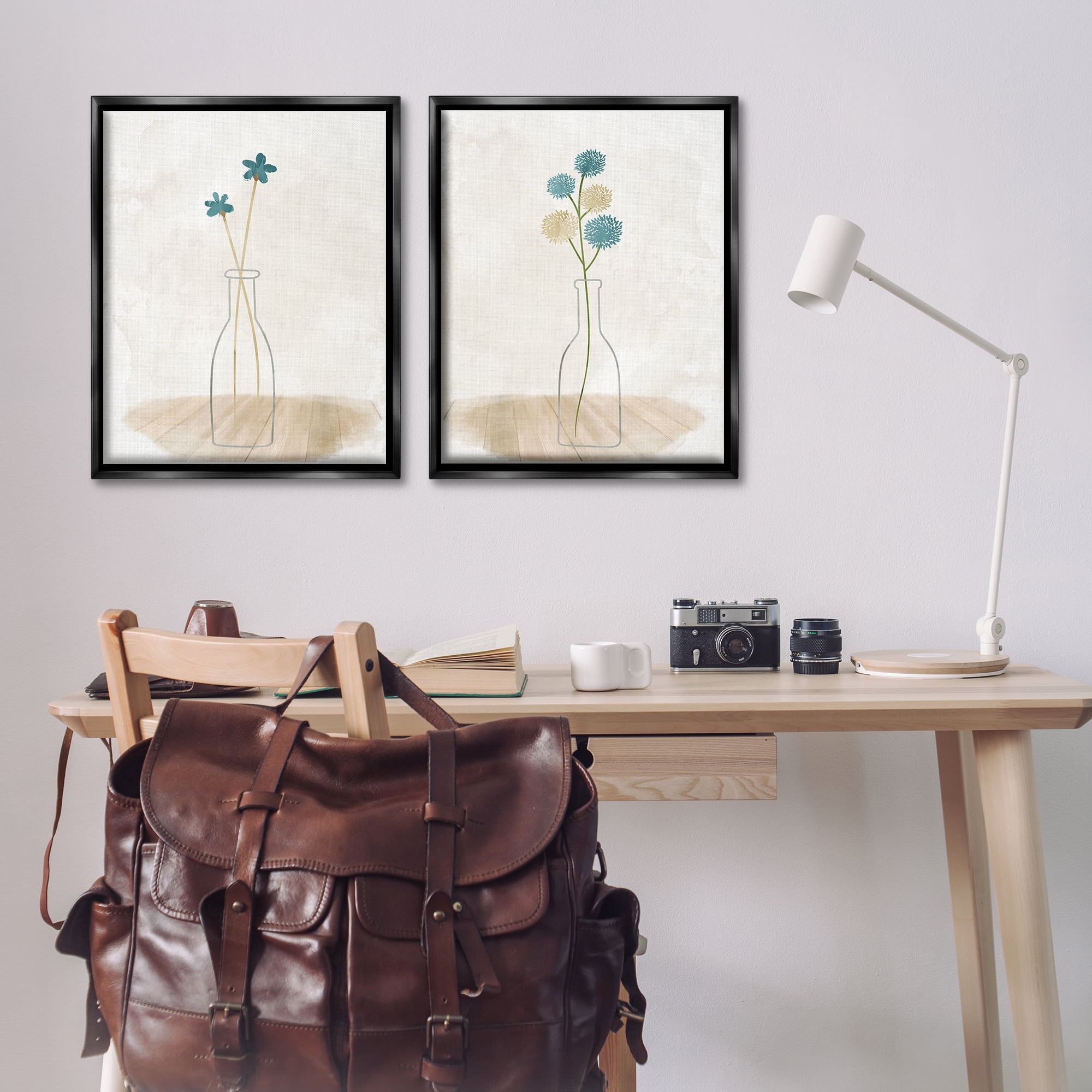 Stupell Industries Simple Flower Sprigs Clear Vase Plants & Flowers Painting Black Floater Framed Canvas Art Print Wall Art, 31 x 25, Set of 2