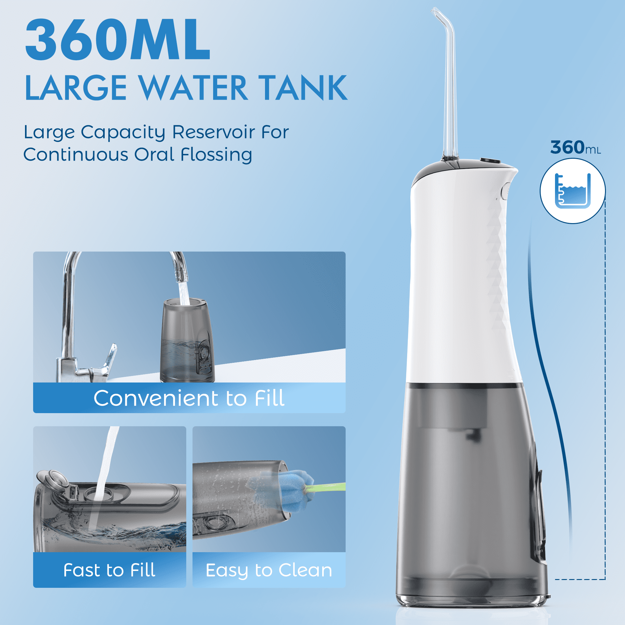 VIIWII Portable Water Flosser – 360ML Oral Irrigator for Teeth & Braces, IPX7 Waterproof, Rechargeable Dental Cleaner with 5 Nozzles, White
