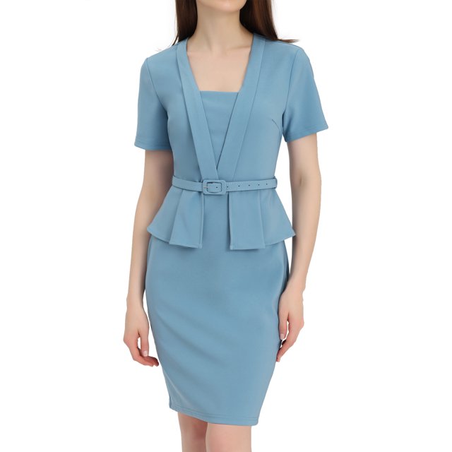 Vestido de oficina Allegra K Dos piezas Gris azul XS