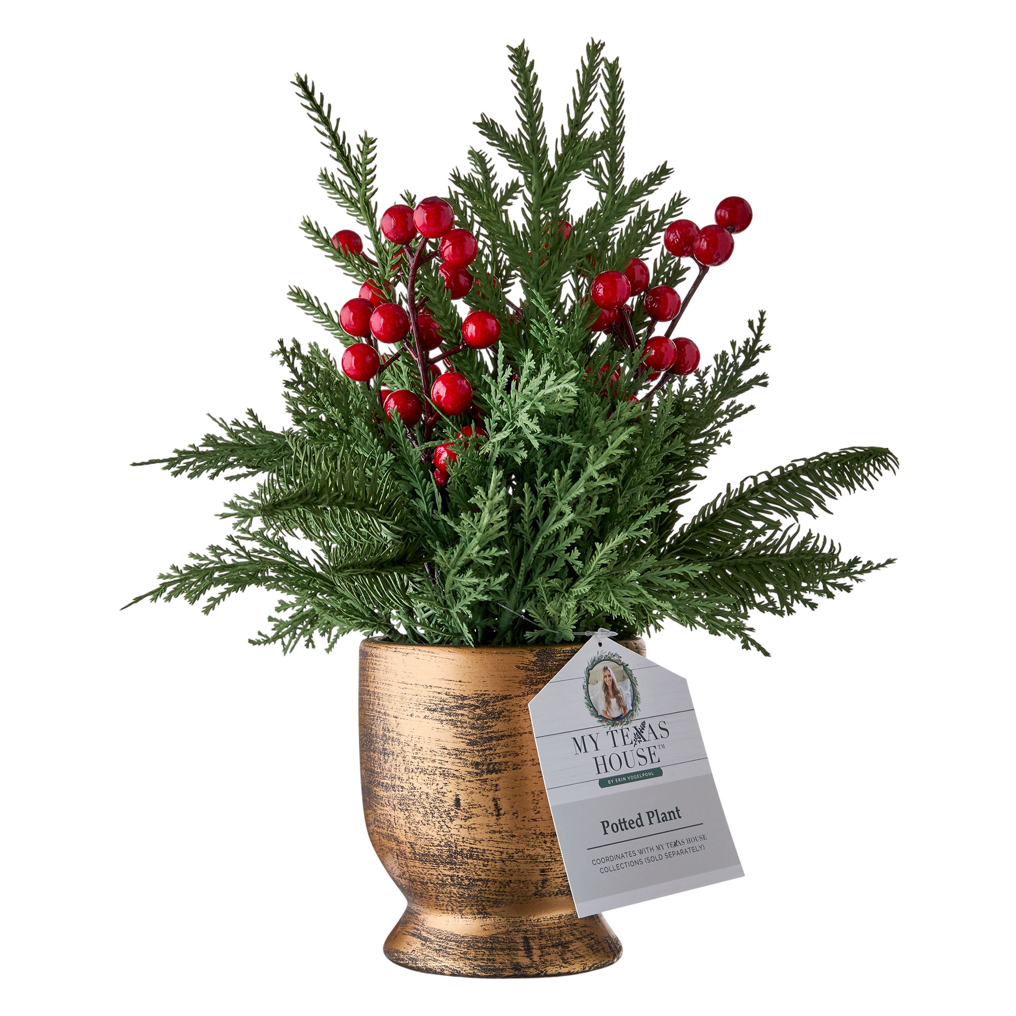 Berries and Pine Sprigs Arrangement Christmas Decoration, Red and Green, 12", by My Texas House