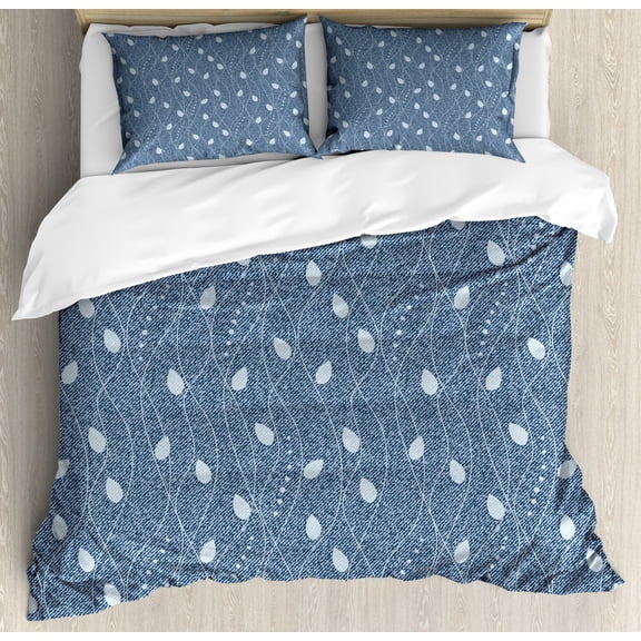 Leaves Duvet Cover Set King Size, Branches over Denim Background Contemporary Fashion Nature Mix Art Deco, Decorative 3 Piece Bedding Set with 2 Pillow Shams, Slate Baby Blue, by Ambesonne