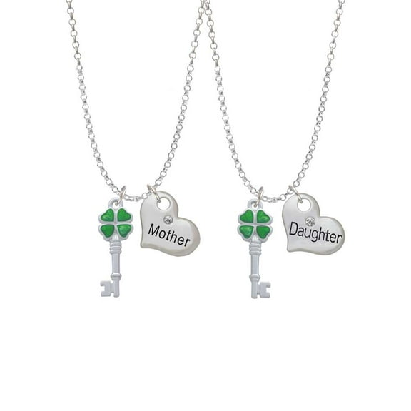 Delight Jewelry Silvertone Translucent Green Lucky Four Leaf Clover Key Mother & Daughter Heart Necklaces (Set of 2), 19"+2"