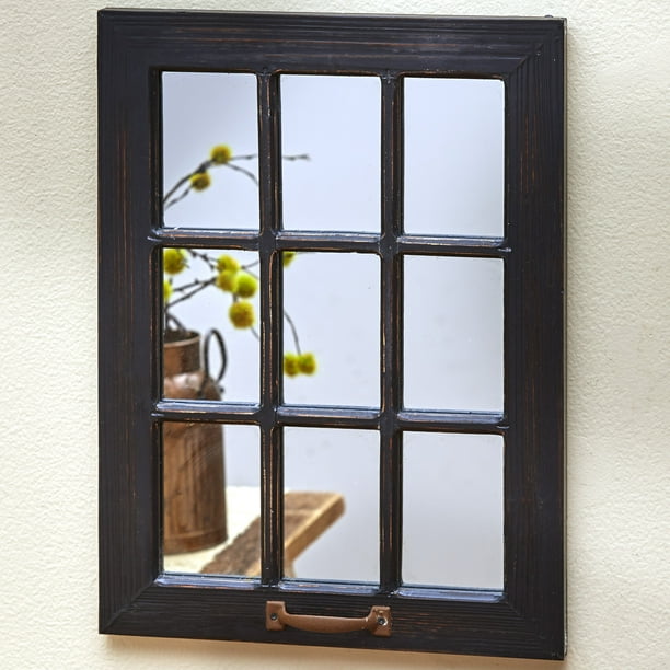 Distressed Wood Windowpane Mirror Rustic Home Decoration Black
