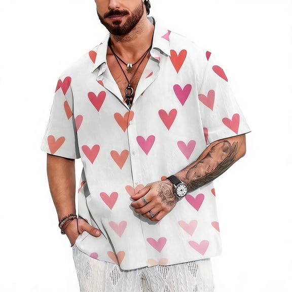Short Sleeve Shirts for Men Valentine's Day Print Button Collared Blouses Loose Mens Tops