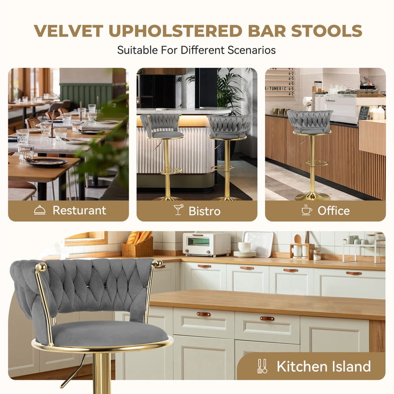 Hawsaiy Modern Velvet Bar Stools Set of 4, Adjustable Height Woven Back Bar Chairs with Footrest and Swivel for Kitchen Island & Dining Room, Dark Gray