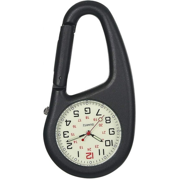 Men's Fob Watch, Carabiner Clip Watch, Backpack Belt Pocket Watch with Luminous Dial for Hiking or Climbing - black