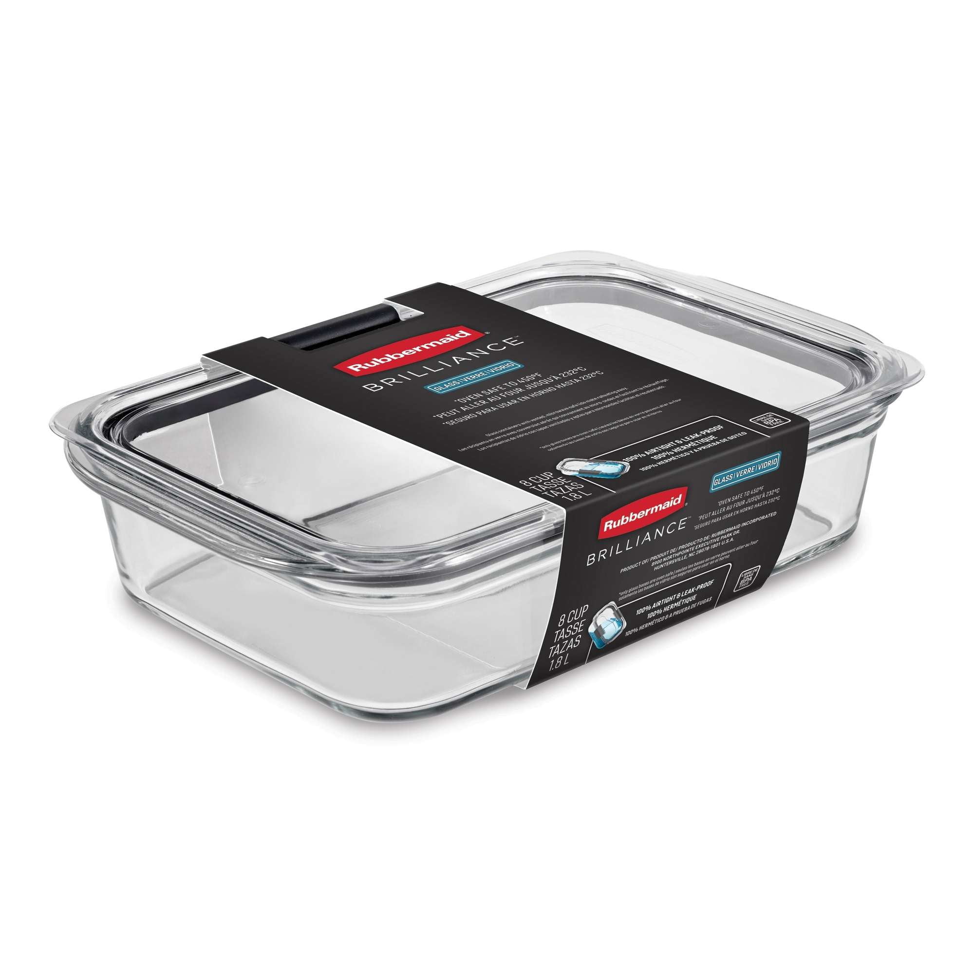 Rubbermaid Brilliance Glass Food Storage Container with Lid, BPA Free and Leak Proof, 8-Cup