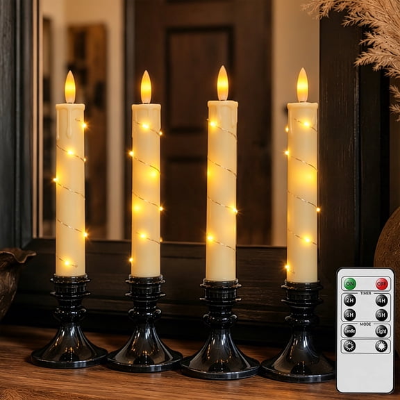 HIDAWN Flameless Taper Candles with Fairy Lights & Holders,LED Battery Operated Fake Candlesticks with Remote,3D Flickering Flame Window Candles for Wedding Home Decor,4Pack