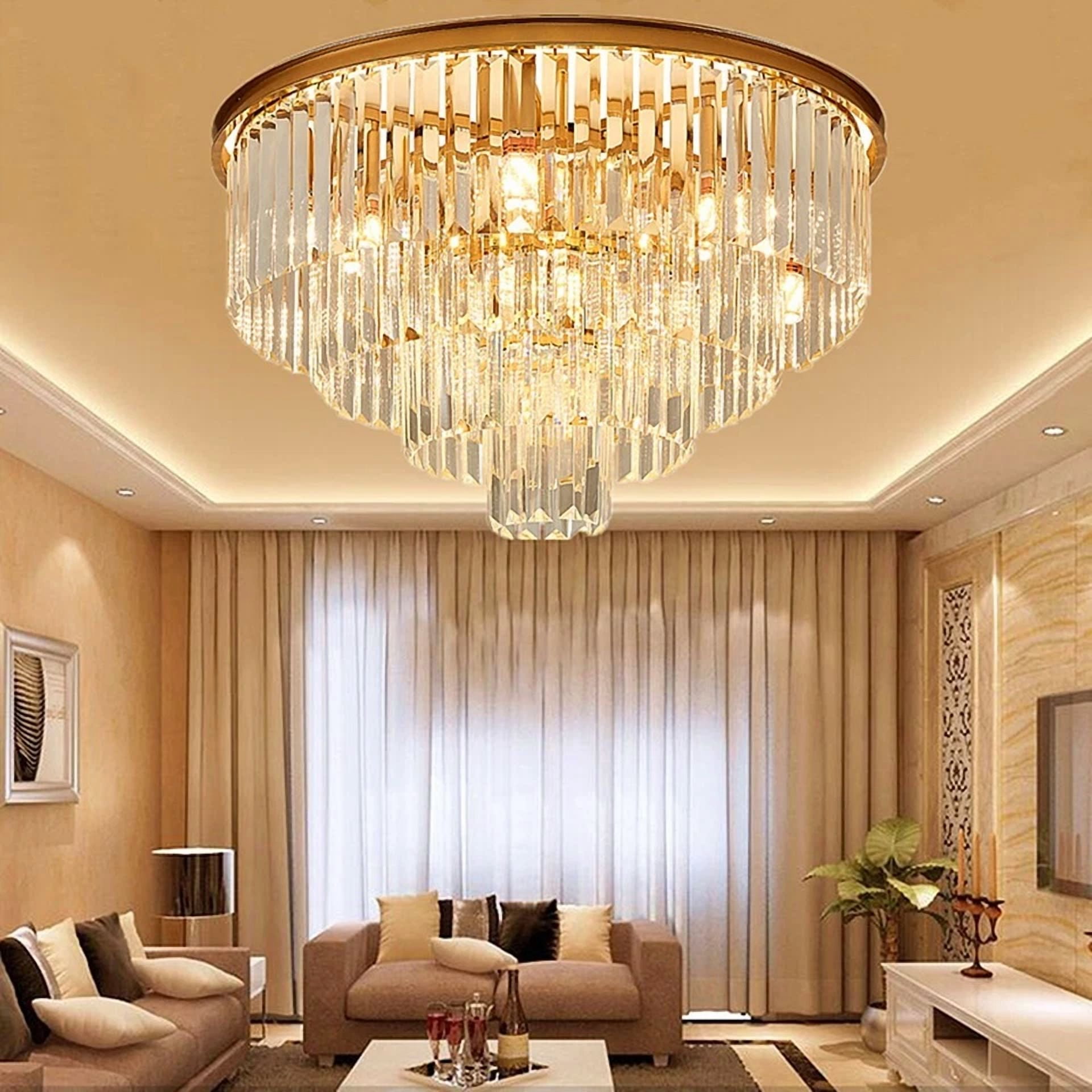 LUOLAX 23.6" Round Postmodern Crystal Flush Mount Ceiling Light  - 4-Tier Transparent K9 Prisms & Gold Iron Finish for Living Room/Bedroom (No Bulbs Included)
