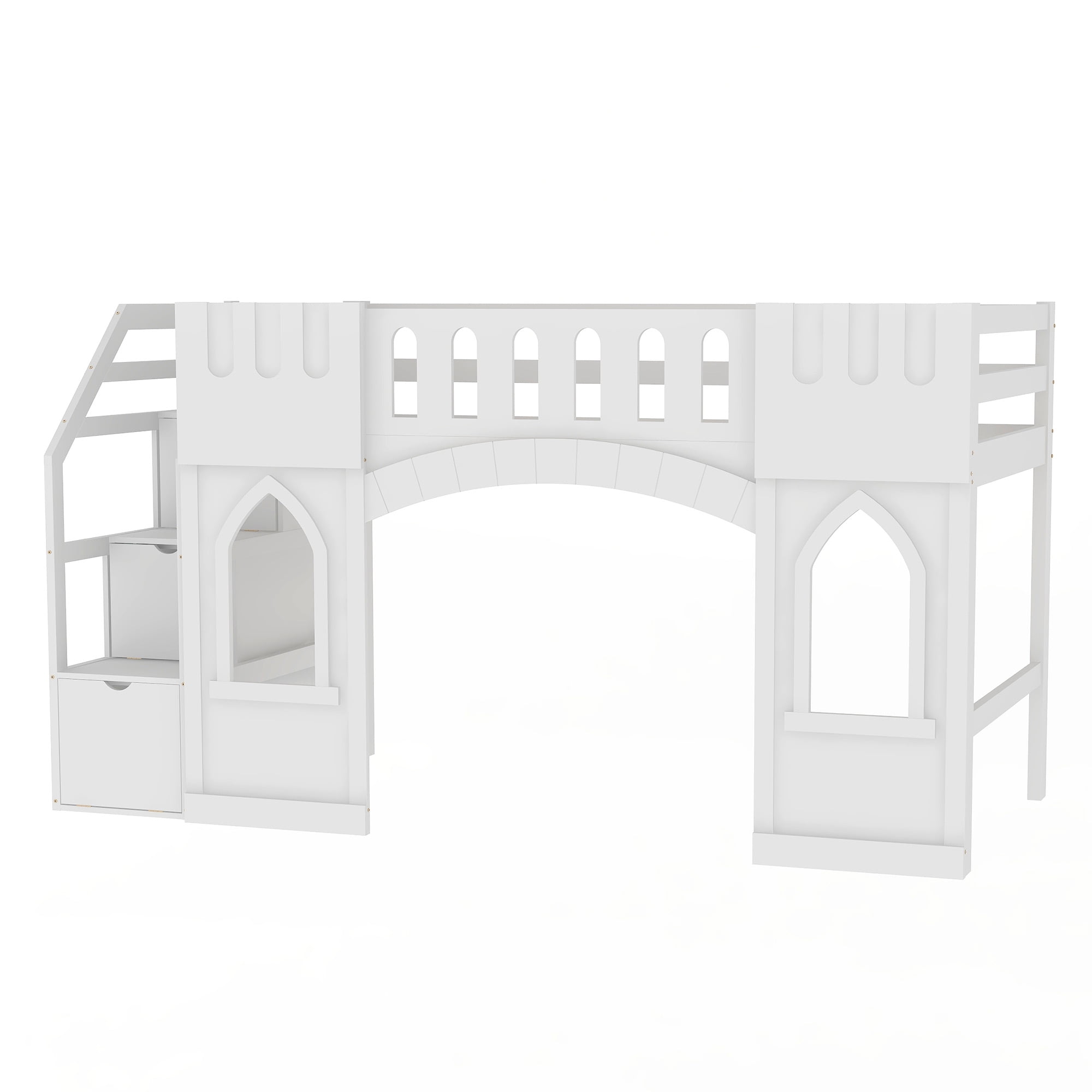 Euroco Wood Twin Size Loft Bed, Castle House Bed with Storage Staircase, White