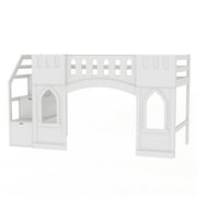 Euroco Wood Twin Size Loft Bed, Castle House Bed with Storage Staircase, White