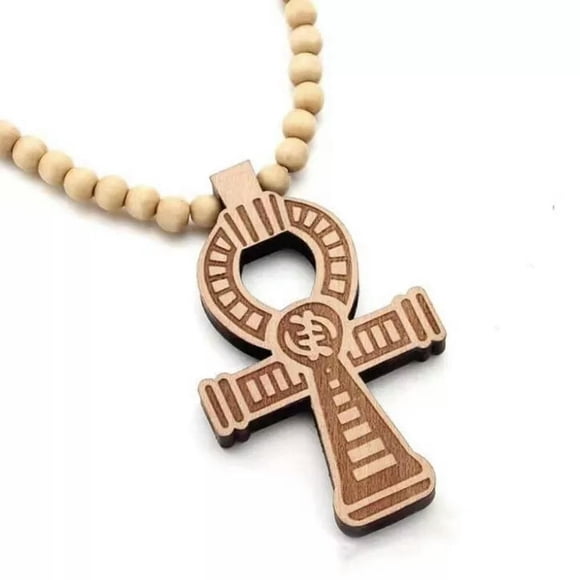 HOOUN Men's Large Egyptian Ankh Cross Pedant Necklace Wooden Jewelry Ball Chain 35"