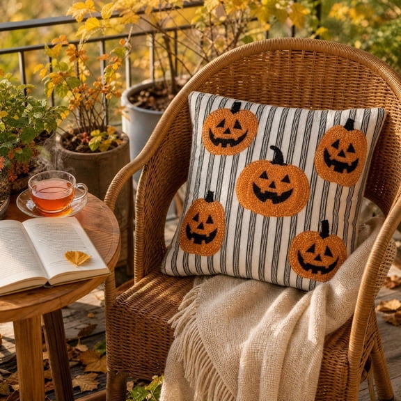 Halloween Pumpkin Pillow Cover, 18x18 inch Striped Throw Cushion Case with Jack-O-Lantern Faces, Embroidered Fall Harvest Home Decor for Couch and Porch