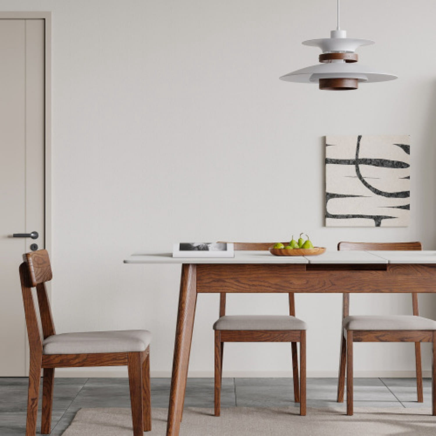 Extendable Solid Oak Dining Table, 47.2"-59.1" Modern Farmhouse Wood Kitchen Table with White Sintered Stone Top, Seats 6-8, Walnut