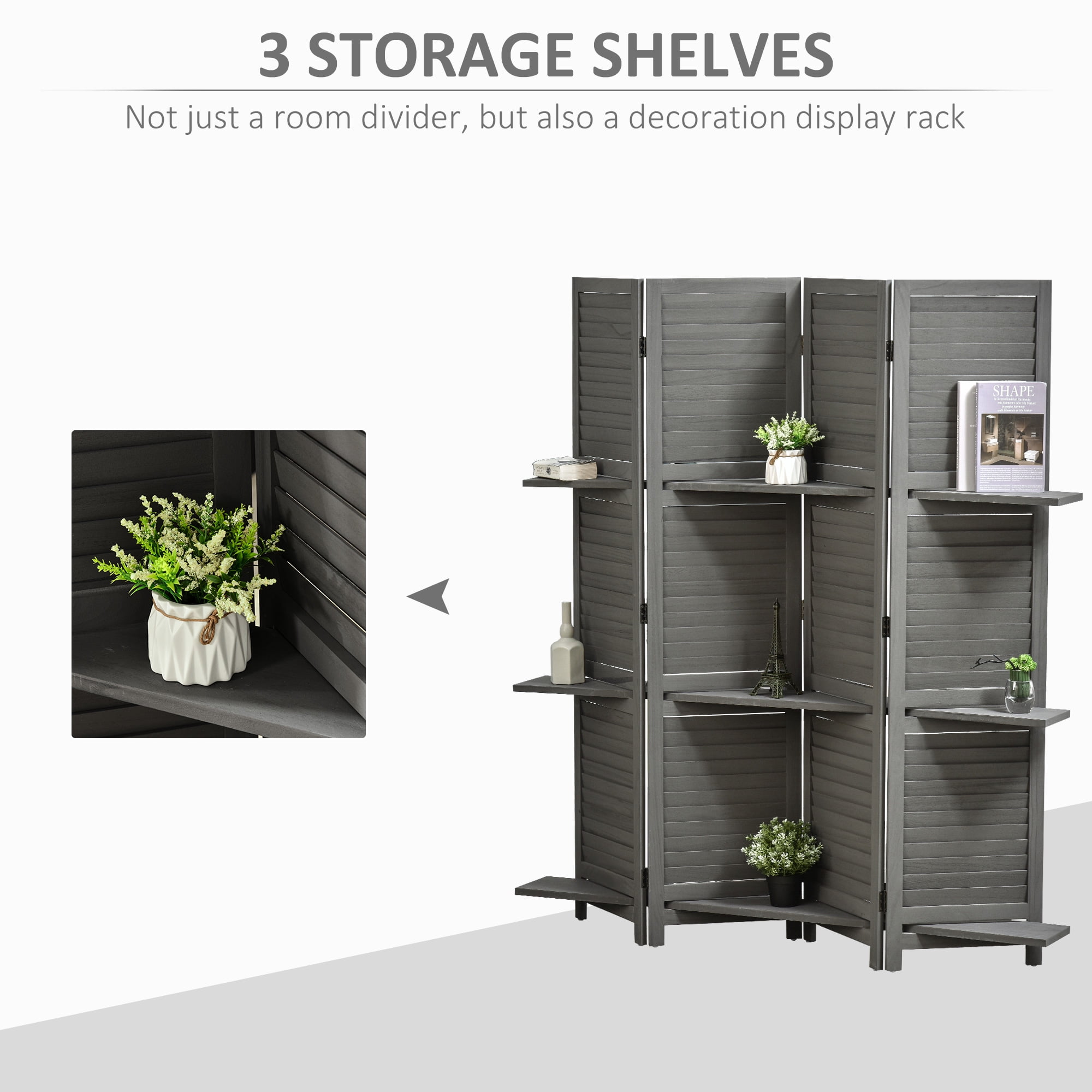 HOMCOM 4 Panel Wood Privacy Screen Room Divider with 3 Shelves 67" Grey