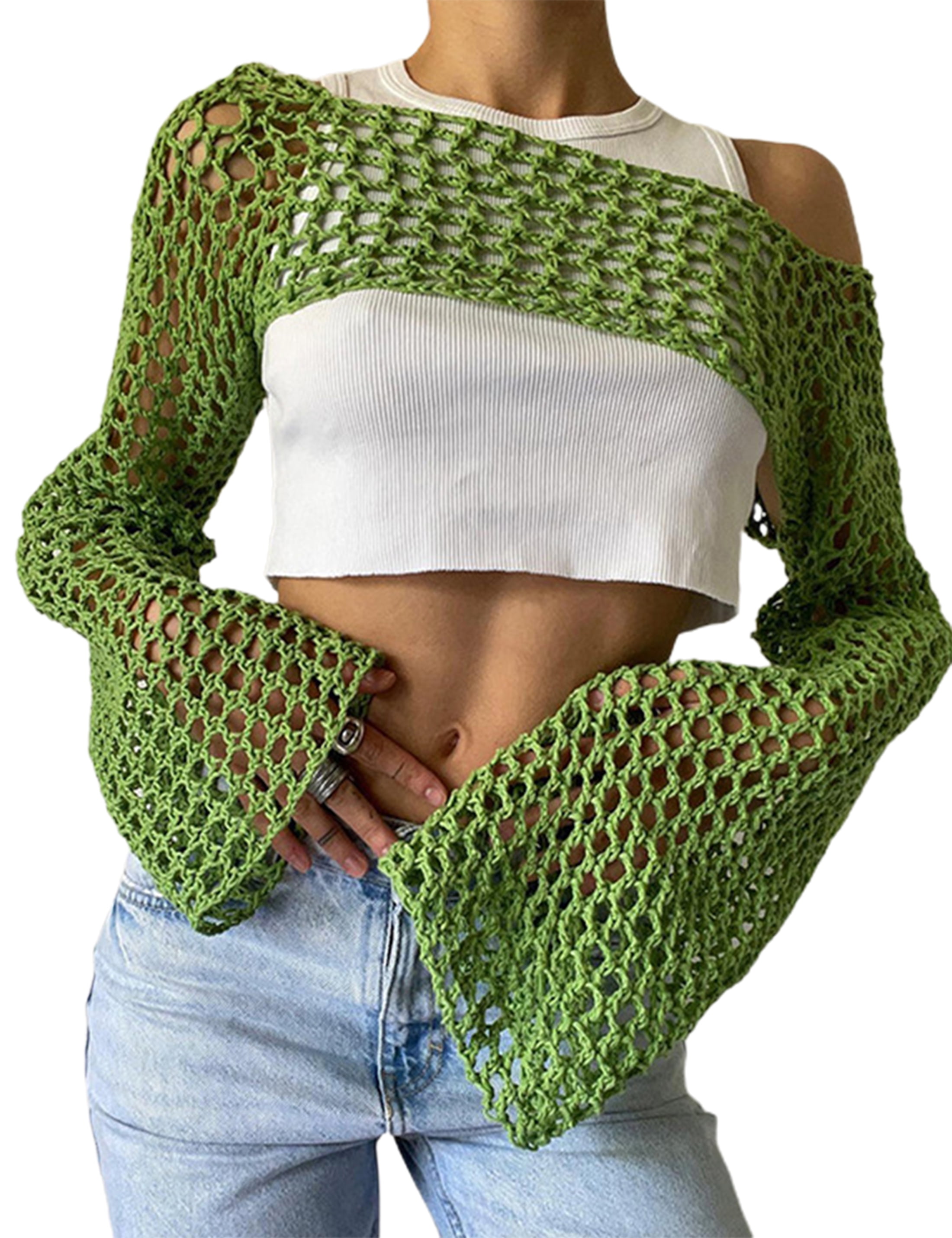 Lentta Women's Mesh Crochet Crop Top Long Sleeve Hollow out Y2k Knit Shrug Beach Ups (Green-S) -