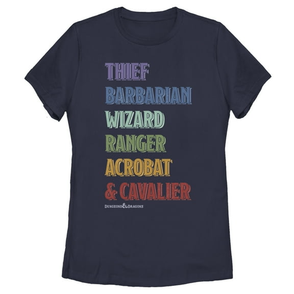 Women's Dungeons & Dragons Class Name Rainbow Cartoon  Graphic Tee Navy Blue 2X Large