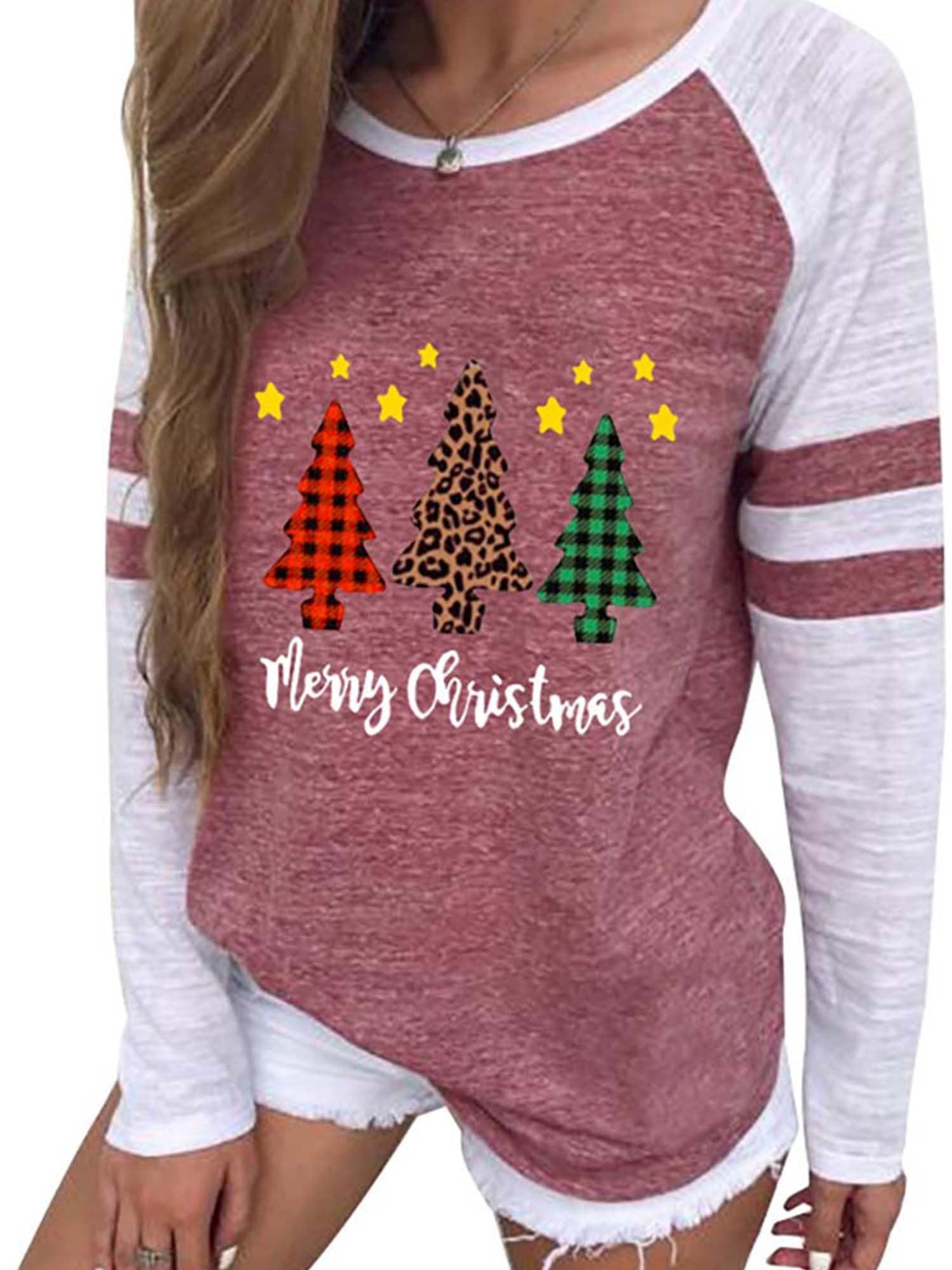 Womens Christmas Sweatshirt Plus Size Long Sleeve Round Neck Xmas Santa Claus Print Loose Longline Tops