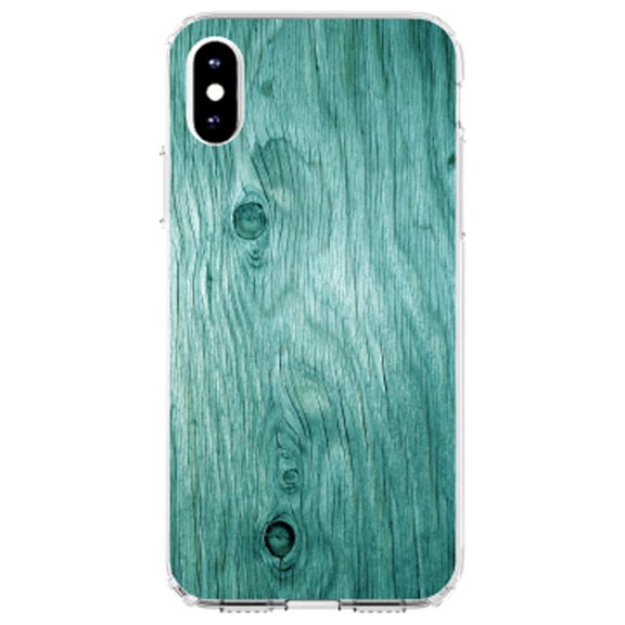 DistinctInk Clear Shockproof Hybrid Case for iPhone XS Max (6.5" Screen) - TPU Bumper, Acrylic Back, Tempered Glass Screen Protector - Teal Weathered Wood Grain Print - Printed Wood Grain Image