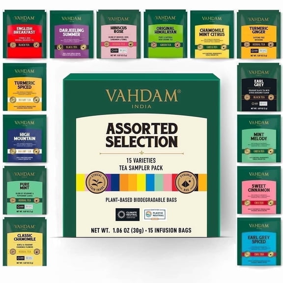 VAHDAM, Assorted Tea Sampler (15 Different Variety in Individually Wrapped Pyramid Tea Bags) Long Leaf Premium Teas I Teas Gift Set I Ideas for Tea Lovers | Gifts for Women & Men