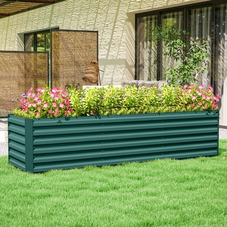 Outsunny 8x2x2ft Galvanized Raised Garden Bed Kit Large Outdoor Metal Elevated Planter Box with Safety Edging for Flowers Vegetables Green