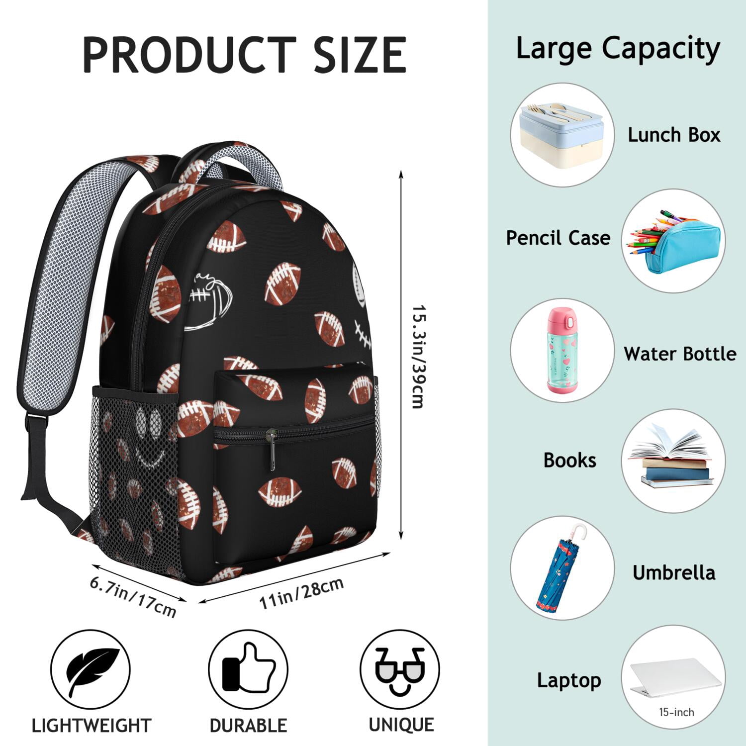 Sports Competition Print Backpack for Teens - Waterproof & Lightweight Student Backpack - Breathable Shoulder Straps for Baseball, Soccer, Football