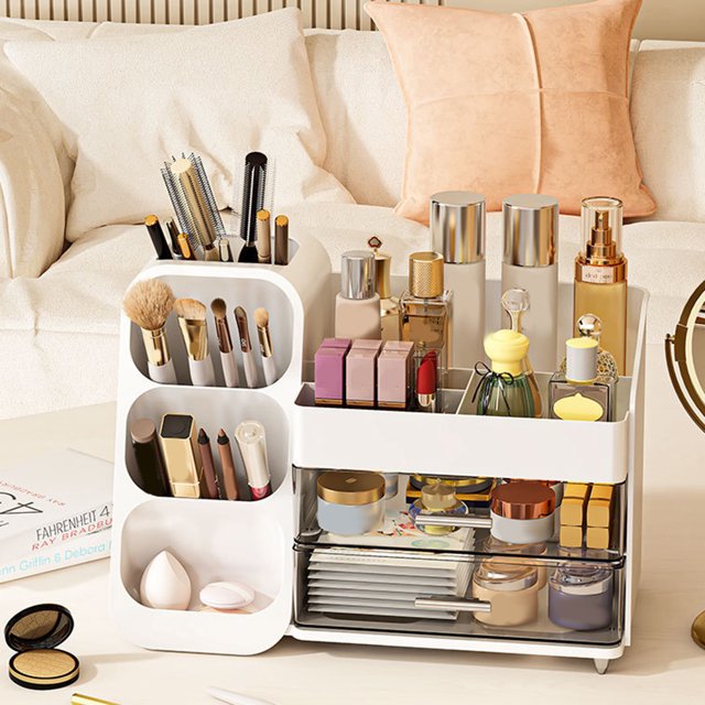 Organizador de escritorio de plástico Caja organizador de maquillaje con cajones de cajones de recipiente cosmético Caso cosmético a prueba de polvo para tocador de tocador