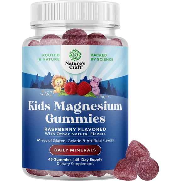 Natures Craft Kids Calm Magnesium Gummies for Nerve, Muscle, and Heart Support, Raspberry, 45 Count