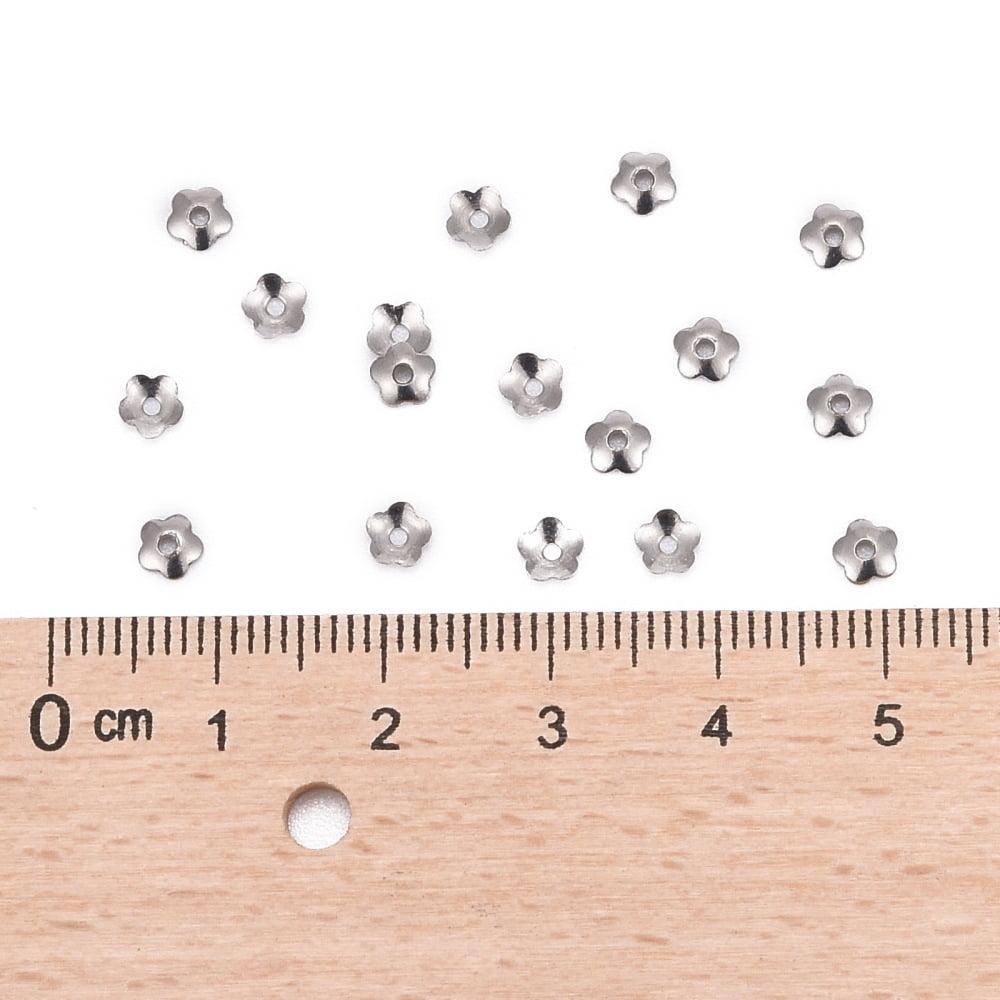 Tarnish Resistant 5-Petal 316 Surgical Stainless Steel Bead Caps Stainless Steel color 4x1mm Hole: 1mm