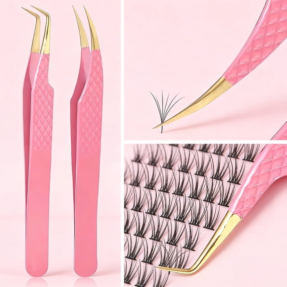 Professional Lash Tweezers Set, Bent & Straight Tip Precision Eyelash Extension Tweezers, Non-Slip Grip