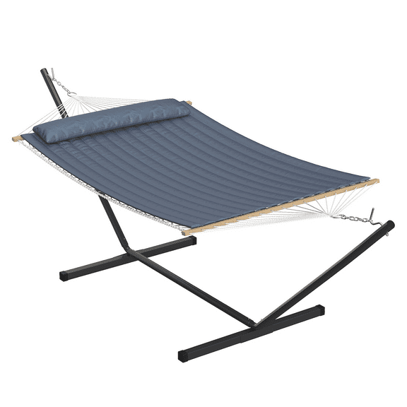 Double Hammock with Stand, Heavy-Duty 2-Person Portable Rope Hammock, 450 lbs Capacity, with Polyester Quilted Pad and Pillow, for Outdoor, Patio, Backyard, Poolside
