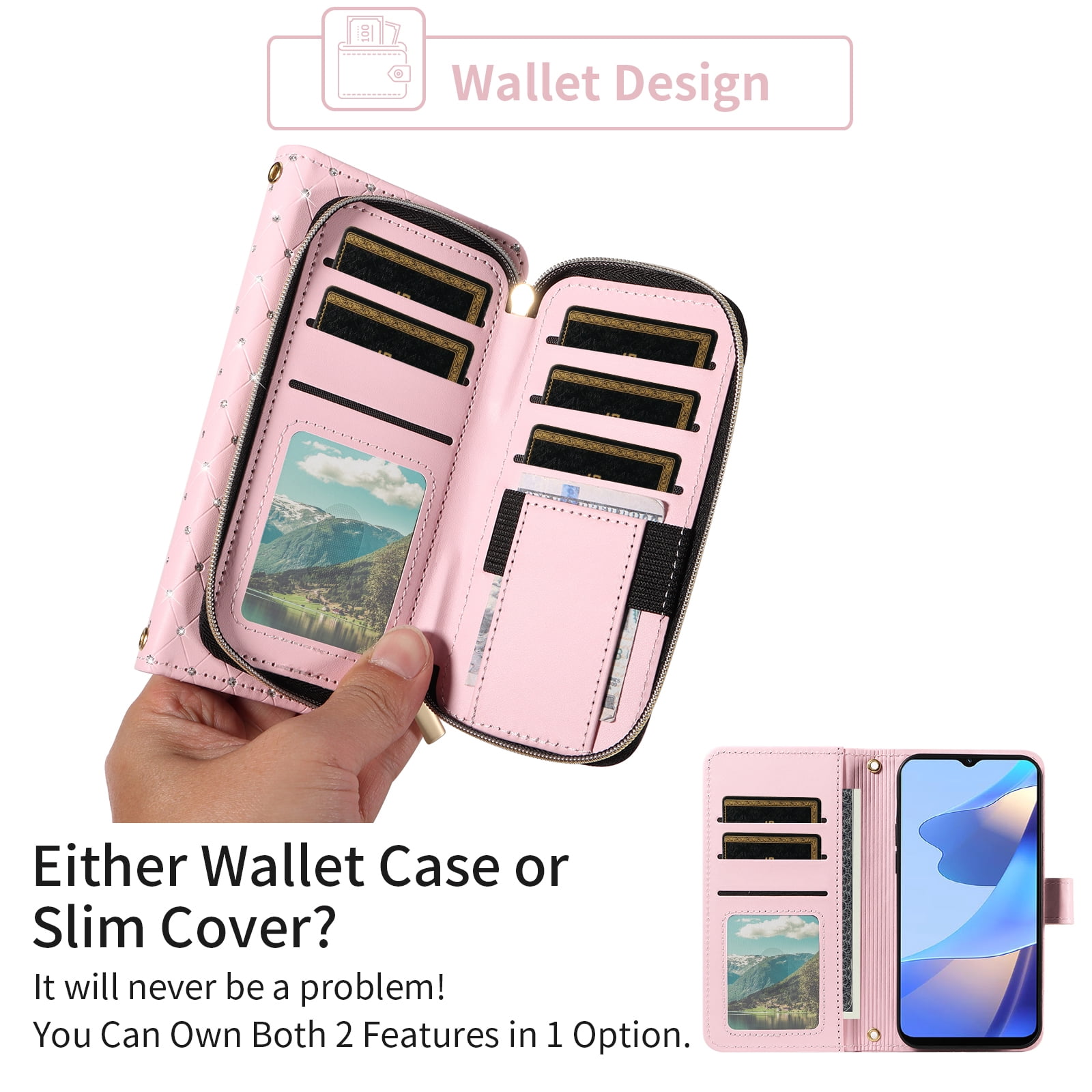 Compatible with Samsung Galaxy A16/A26 5G Wallet Phone Case Tempered Glass Screen Protector Bling Glitter Crossbody Lanyard Strap Flip Zipper Purse Card Holder Cell Cover for A 16 16A 26A Women Pink