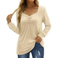 thumbnail image 2 of HAiming Women's V Neck Tops 2025 Trendy Solid Long Sleeve Pleated Tunic Shirts Fall Casual Loose Pullover Blouse, 2 of 9