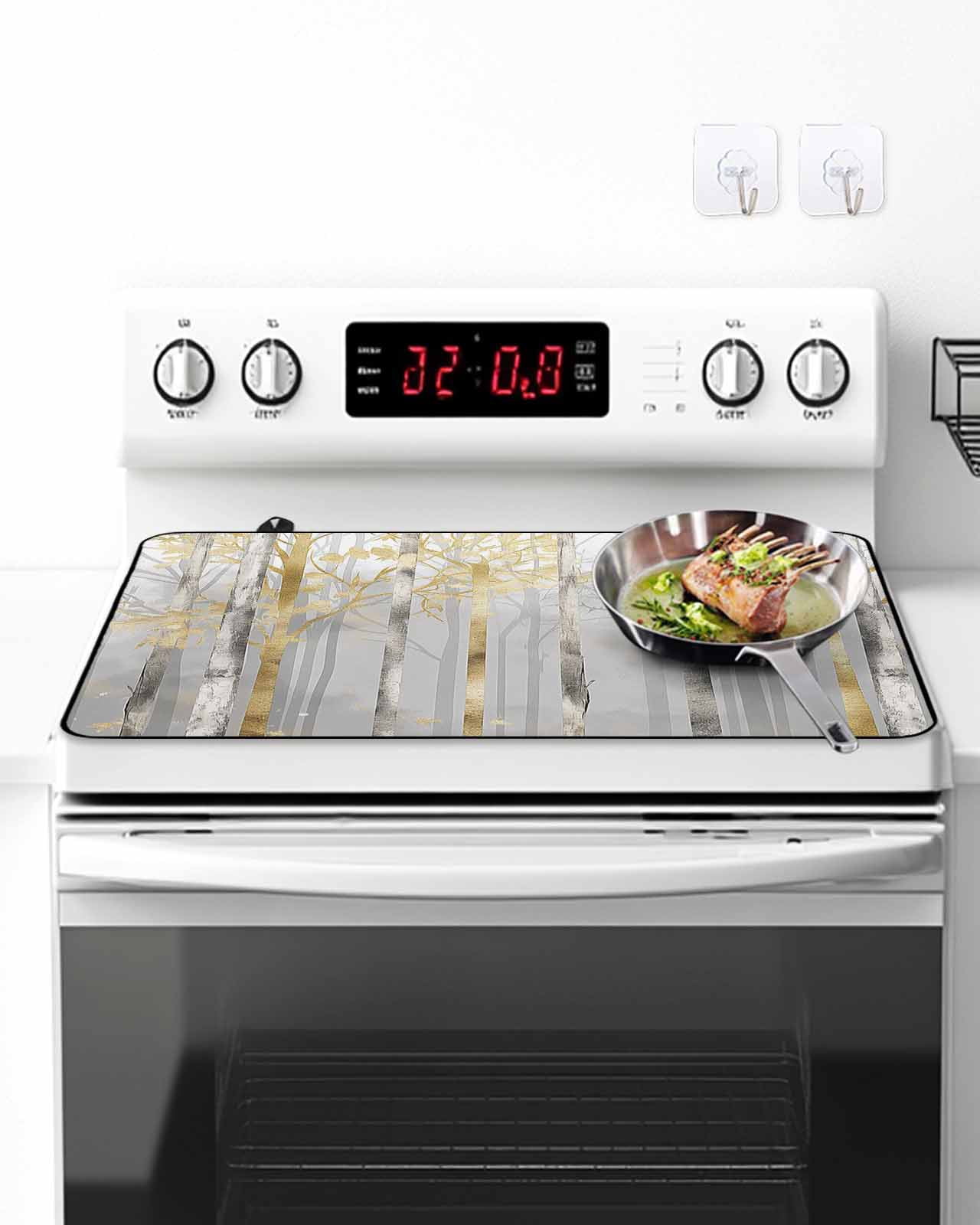 Stove Top Covers for Electric Stove, Golden Grey Tree Glass Stovetop Cover Protector, Oil Painting Forest Abstract Art Induction Cooktop Protector Oven Mat for Kitchen Countertop 24"x21"