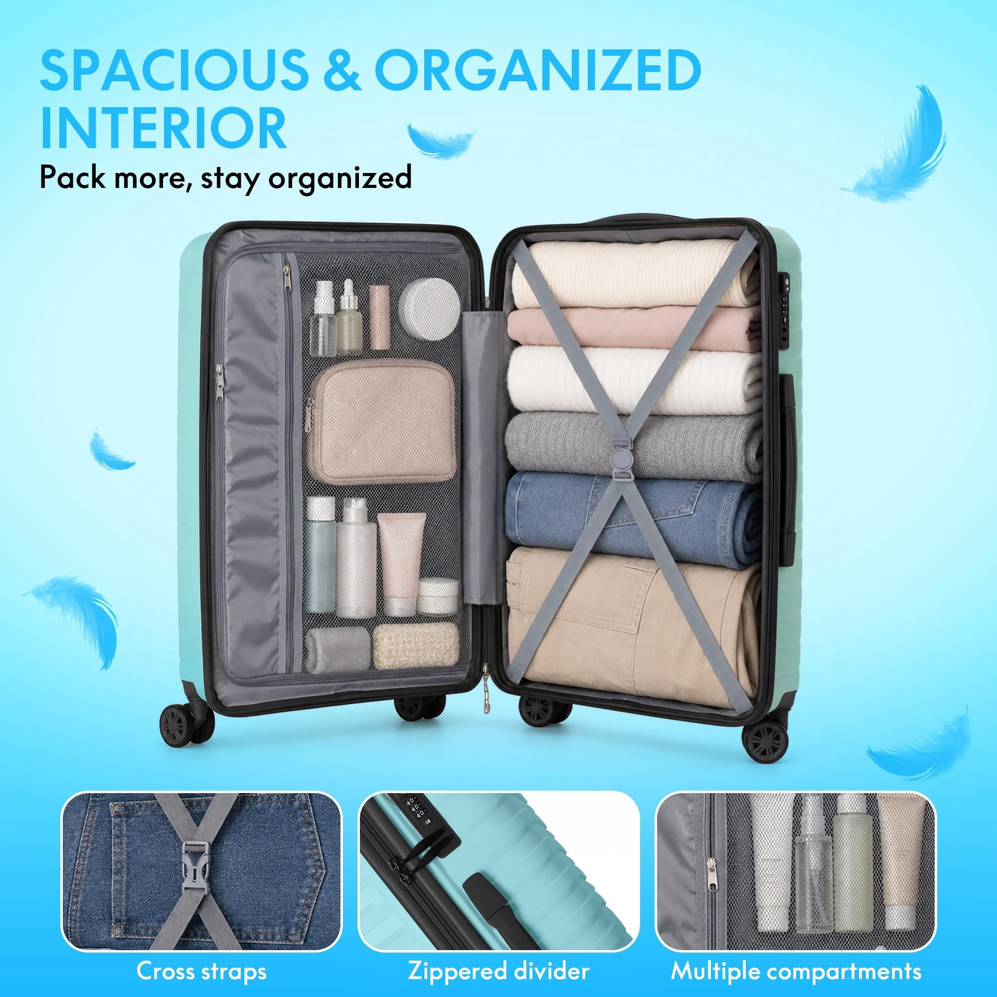 3-Piece PP Hardshell Luggage Set, Lightweight Scratch-Resistant Suitcases with Silent Spinner Wheels & TSA Lock, Sky Blue
