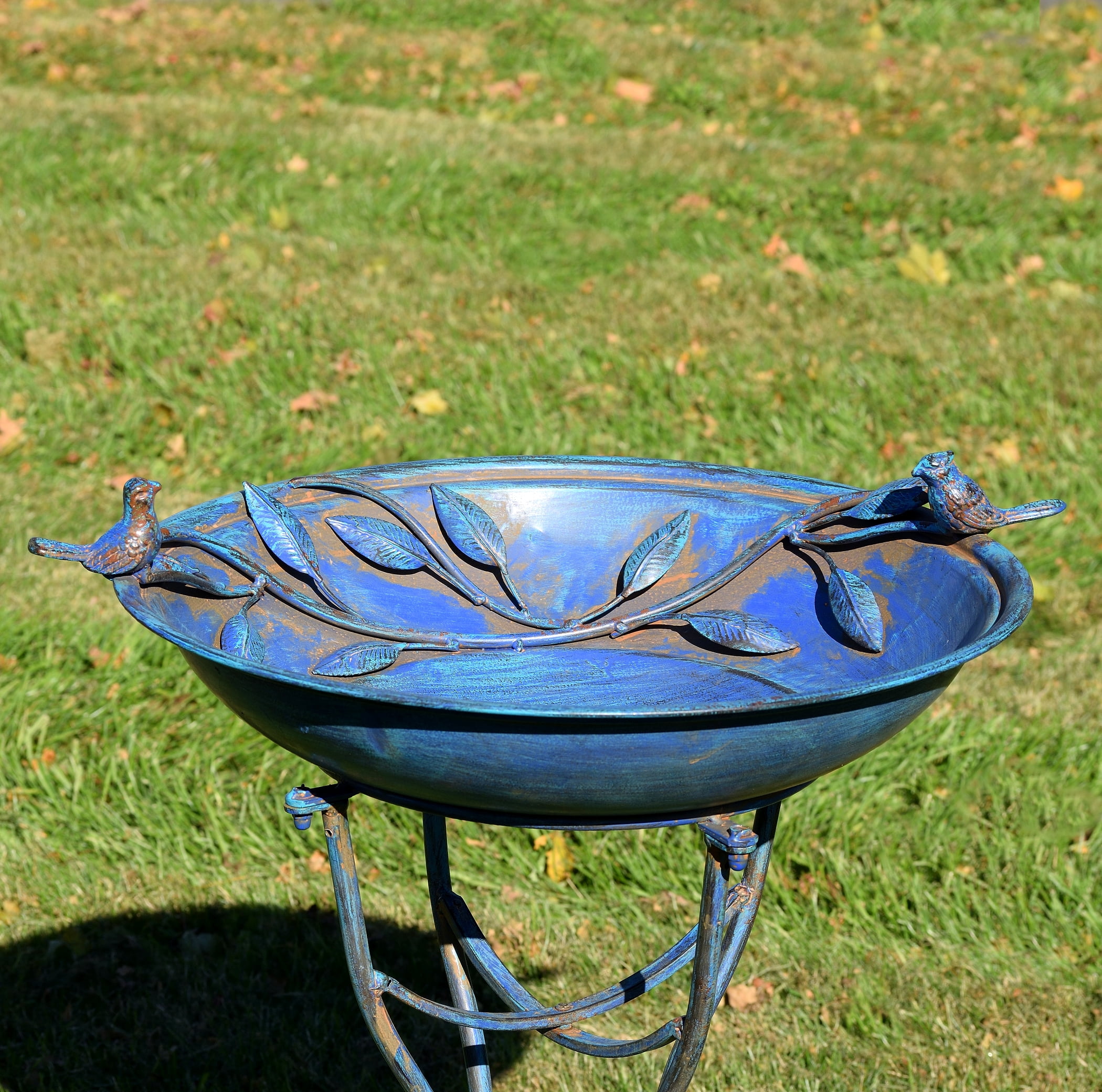 Zaer Ltd. Deep Well Made Metal Birdbath with 2 Cast Iron Birds and Leaf Decoration (Frosted Blue)