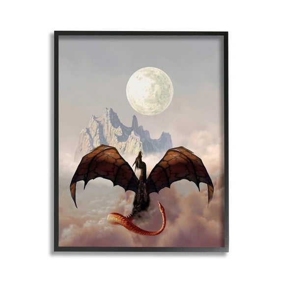 Stupell Industries Dragon & Full Moon Fairy Tales & Fantasy Painting Black Framed Art Print Wall Art, 11 x 14