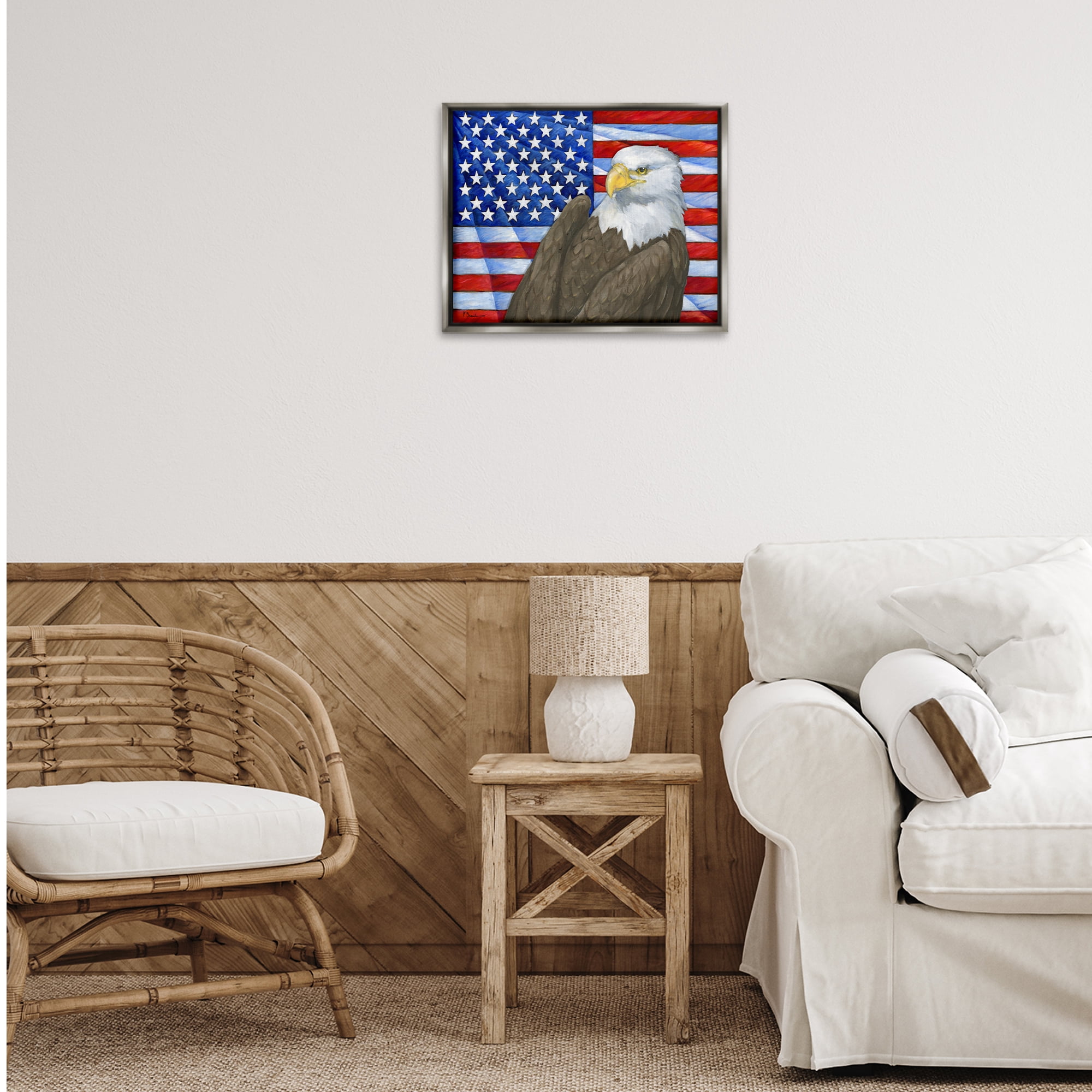 Stupell Industries Eagle's View Flag Patriotic Painting Gray Floater Framed Canvas Art Print Wall Art, 21 x 17