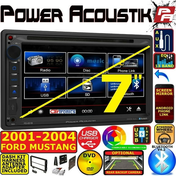 Power Acoustik Mustang Bluetooth Touchscreen DVD USB Car In-Dash Stereo 6.2"