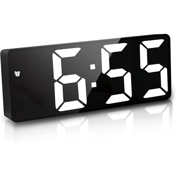 Reloj despertador digital, reloj despertador digital LED de 6,7 pulgadas para mesita de noche, despertador matutino, control de voz, sin tictac, sin repetición, temperatura, fecha y hora, brillo ajust