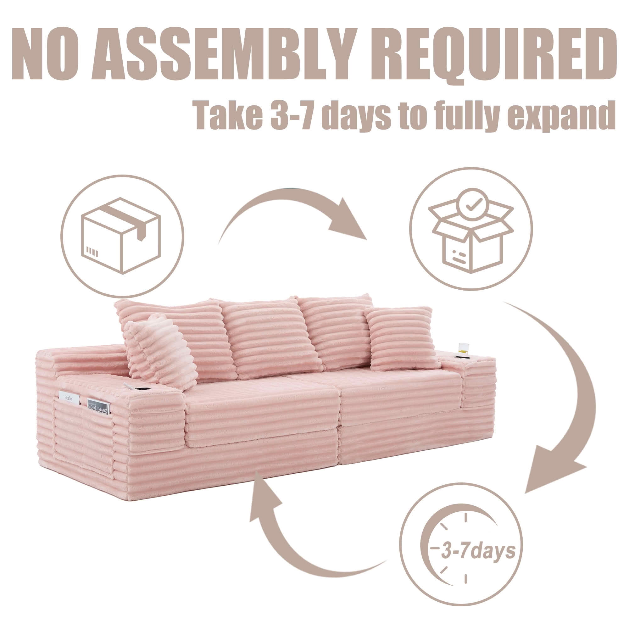 MAYEERTY 4-Seater Boneless Cloud Sofa Bed, Breathable Corduroy Upholstered Couch with Pillows, Cup Holders & Side Pockets, No Assembly for Home Small Spaces