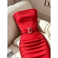 thumbnail image 3 of Women's Strapless Midi Dress, Red Ruched Bodycon Dress with Buckle Belt for Formal Party, 3 of 4