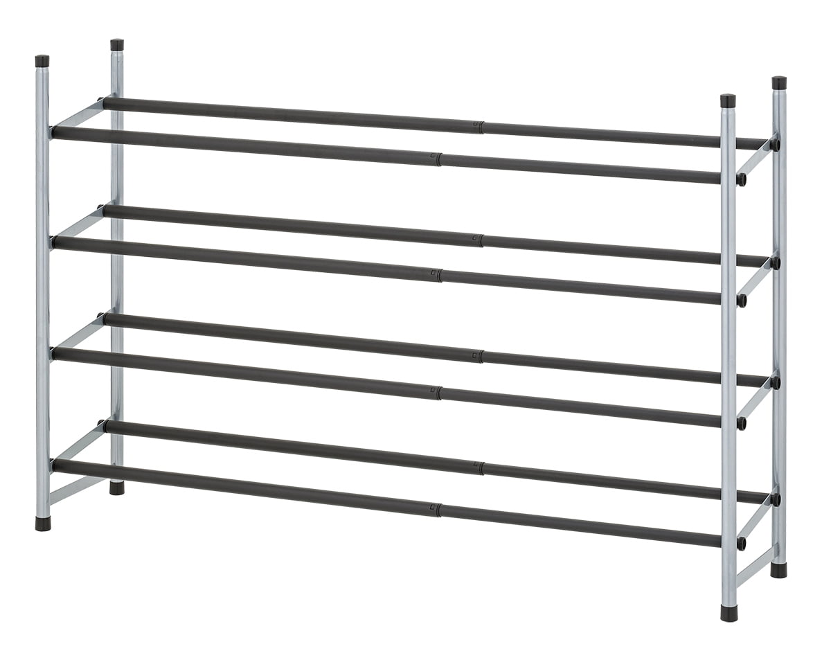 Mainstays 4 Tier Expandable Shoe Rack Black Rod Steel Powder Coating Silver up to 20 Pairs 24.41 45.47 W x 9.06 D x 26.77 H Walmart